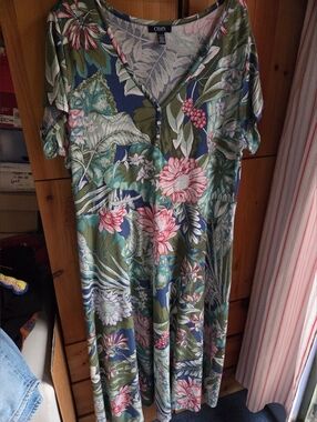 Chaps Blue & Green Floral Cotton Jersey Short Sleeve Maxi Dress Size 3XL